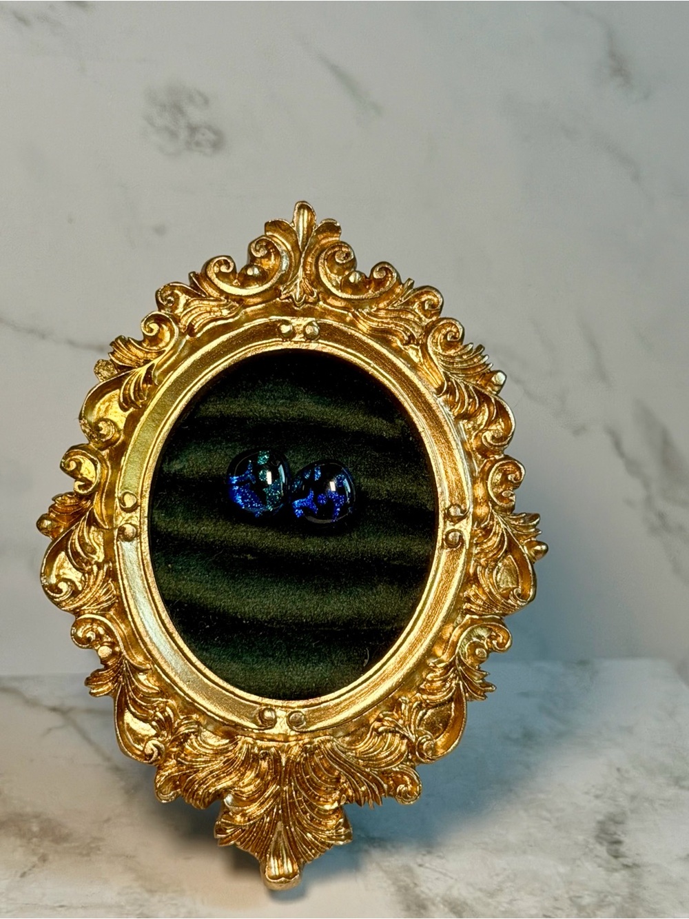 Handmade Blue Dichroic Fused Glass Stud Earrings Iridescent Cobalt Black